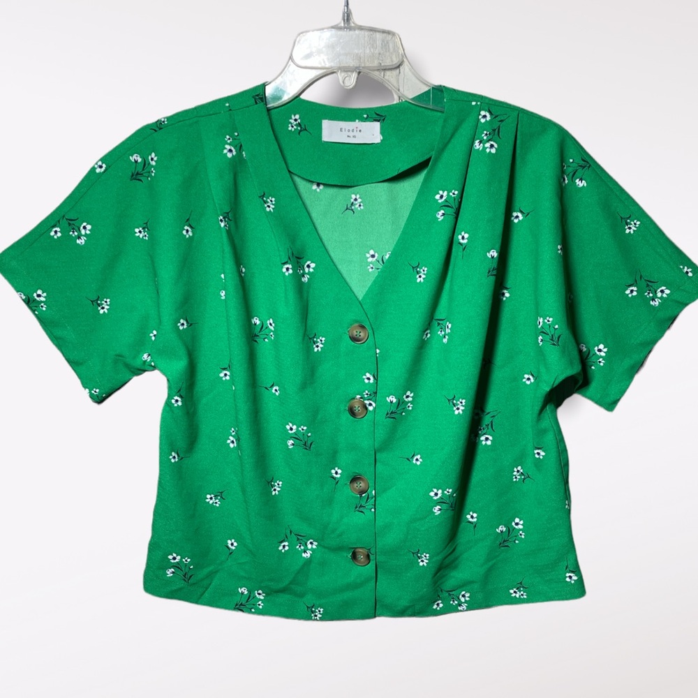 ANTHROPOLOGIE TOP XS GREEN WHITE FLOWERS COTTAGECORE SHORT SLEEVE…